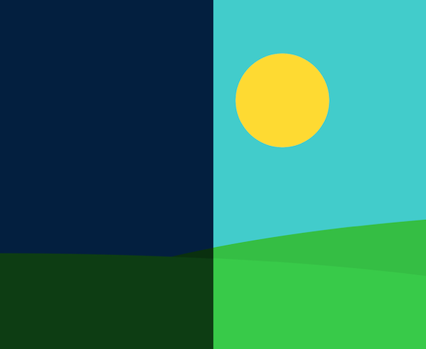 A simple geometric landscape with day on one half and night on the other. The sun is on the day half.