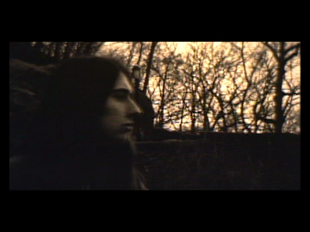 A profile view of an individual with long dark hair, gazing into the distance. The background shows a twilight sky with bare tree branches silhouetted against it. The image has a vintage, grainy texture with warm sepia tones, suggesting it is taken from an older film.