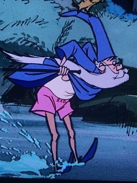 A still from Disney’s Sword in the Stone of Merlin, a old white man with a long white beard. He wears blue robes and a pointy blue hat. He has the robes hiked up, showing pink underwear. He is water skiing.