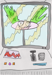 A drawing of a retro sci-fi computer screen with a cheery clown on a stick displayed. The clown's spikey hair is green, and is a robot.
