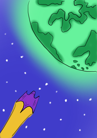 A colorful drawing of space, a glowing green planet taking up most of the frame. A purple space ship with kind of looks a bit like the Batman symbol streaks towards the planet.