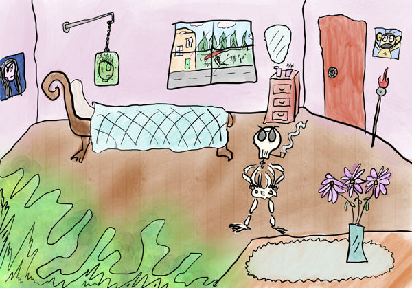 There's a lot going on here. Let's start with that it's a drawing of a bedroom. Over the bed a scared looking head is suspended in a green liquid, which in turn hangs from a chain. On the other side of the room, a scowling skeleton smokes a pipe. A window shows a suburban neighborhood, with someone lounging on a deck chair under an umbella across the street. A green ooze creeps across the room towards the skeleton and the bed.