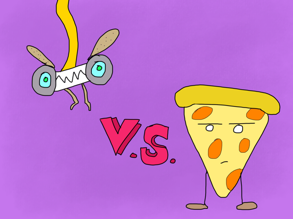 A colorful drawing of an anthropomorphic pizza slice and a alien mosquito-looking thing. The word 'v.s.' hangs in the air between the two.