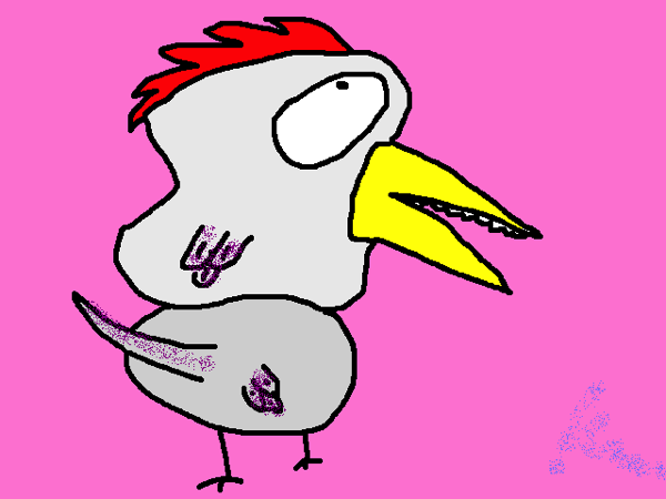 A line drawing of an oddly shaped chicken in profile, using bright, primary colors, one visible eye pointed up.