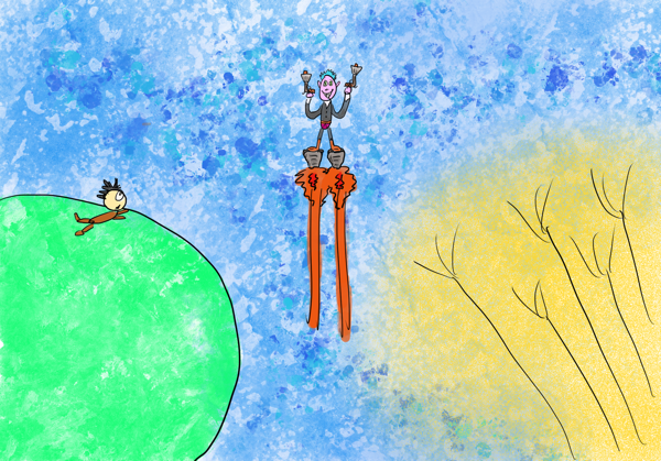 A drawing in a spattered, watercolor style. Xaq, a white man with shaggy black hair, is planted flat on a round green surface, sky all around him. He looks worriedly at a grinning pink man with blue hair and two laser guns and jet boots who flies in the air ahead. Antennas bristle with electrical energy beyond both Xaq and the man with jet boots.
