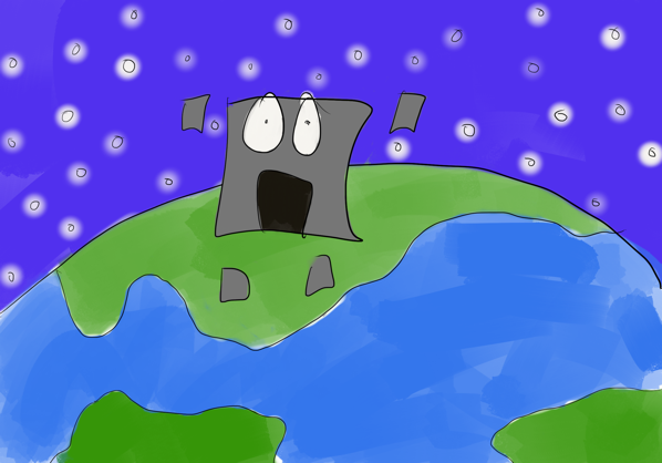 A drawing of earth from orbit, the planet taking up the lower frame. A robot made up of one large square for the body, and smaller squares for each limb, gasps with terror into camera.