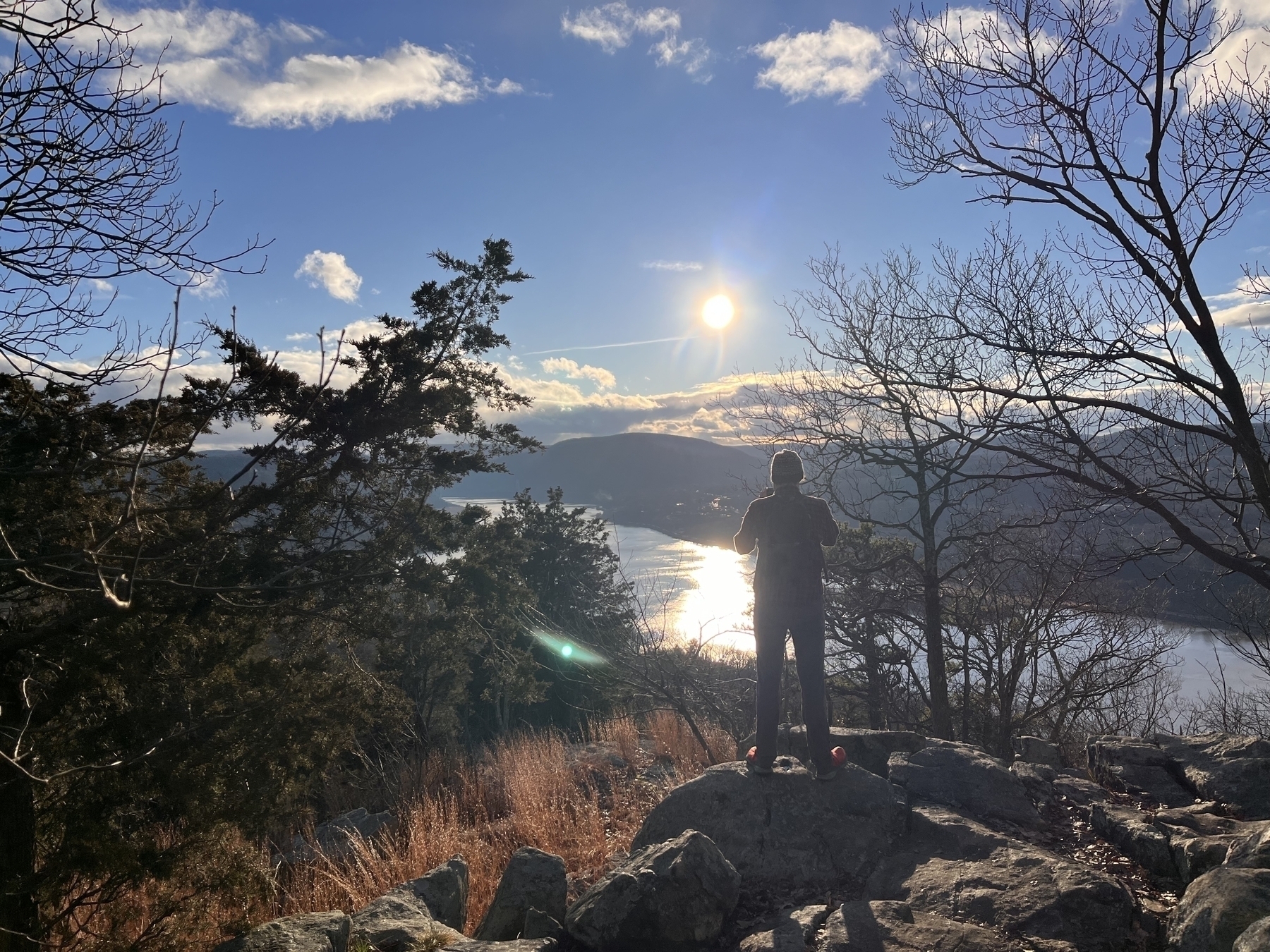The shadow of a man overlooking a golden summit, bare trees around the top, Hudson River laid out below. 