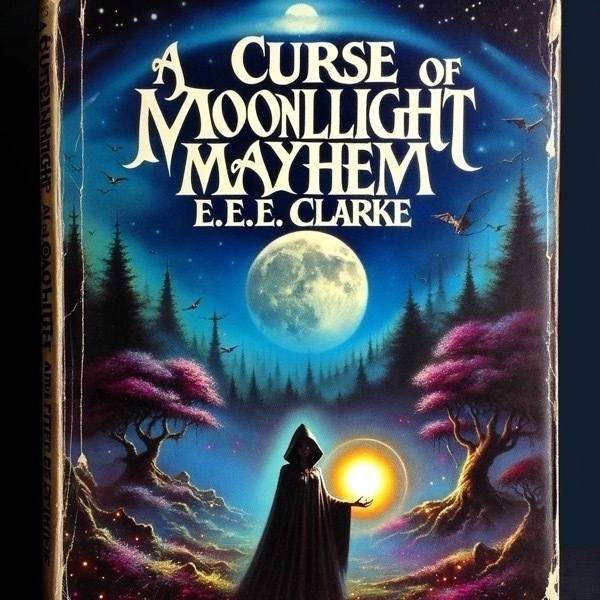 An AI generated novel cover. The cover depicts a mystical, moonlit landscape with an eeri cloaked figure, a ball of magical energy in their hand. The title reads, "A curse of Moonllight Mayhem, by E.E.E. Clarke