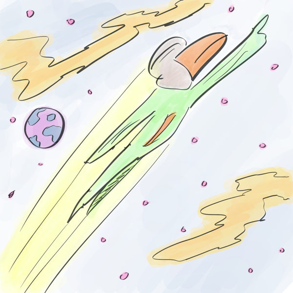 A drawing of a bird-like humanoid in a space suit in a superman pose flying through space