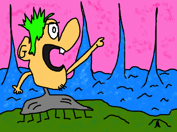 A drawing of a man with tufts of green hair and one snaggle tooth triumphantly pointing up and away. He is just a head with arms coming out of it, resting on a metalic plinth, under which are many legs rendered in simple line drawings. There is a sea in the background with large spikes of water shooting up like mountains. The sky is pink.