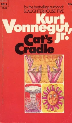 Cat's Cradle book cover. Cartoon of hands making a cats cradle, next to a sun with a face, next to an atomic bomb blast.