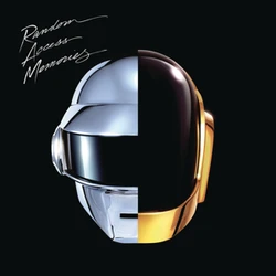 Random access memories album cover. The robot heads of both members of Daft punk, combined, split equally down the middle.