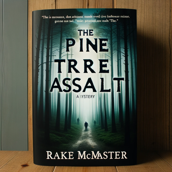 AI generated book cover. The title reads "The Pine Trre Assalt: A Mystery" by Rake McMaster. There is a quote at the top that looks real, but when looking closer is unintelligible in any language, and might not even be real letters. The image is tall, bare pine trees in shadow with a path running down the middle, and forboding shadowy figures standing in the background. The palette is black and a light green.