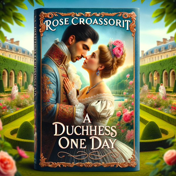 The cover features an opulent palace garden in the background, with lush flowers and vibrant bushes. Two white people, a man on the left and a woman on the right, embrance, their noses touching. They are dressed in luxurious victorian clothes. The man stares down, and the woman stares bug eyed at the man's cheek. At the top, in fancy lettering, is the author name, 'Rose Croassorit'. Below, the title is 'A Duchhess One Day'
