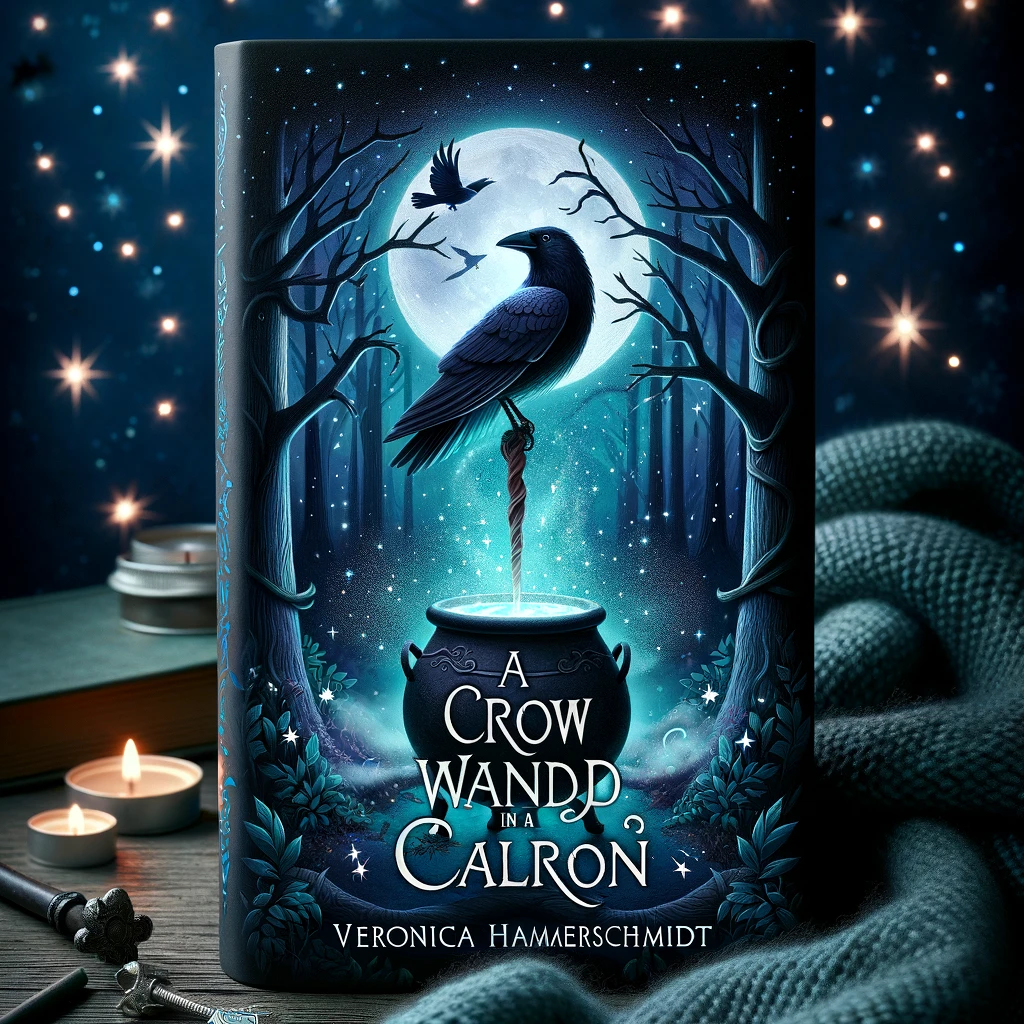The cover shows a smiling crown standing on a wand, which comes straight out of a cauldron. Everything is mystical and sparkly, but dark. It's in a forest at night. There are stars and white flowers. The title reads 'A Crow Wandd in a Calron by Veronica Hammerschmidt'
