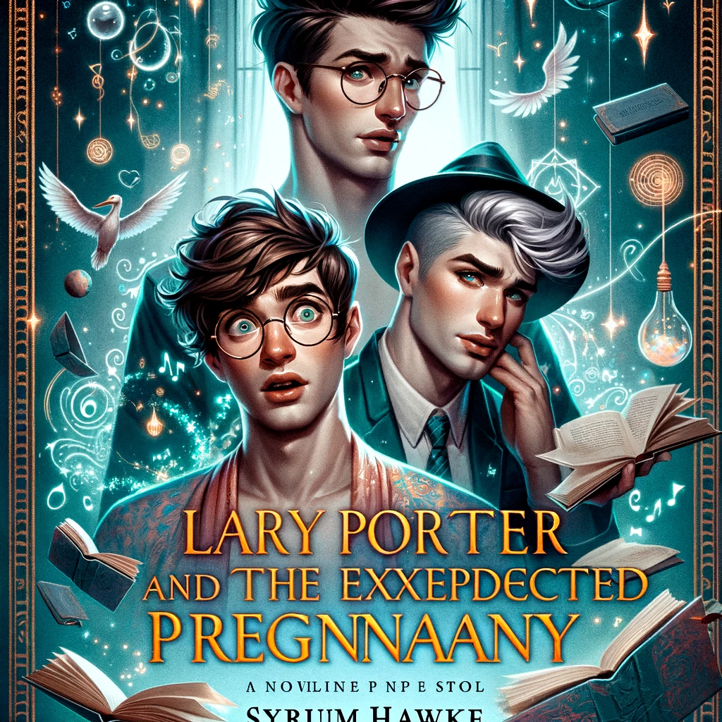 Three hunky white young men grace the cover, two of which are harry potter. The first one stares bug eyed, the second one smolders. The third man, clearly Draco, has another smoldering look, and wears a floppy hat. Everyone wears a combination of boarding school suits and wizard robes. There are stars and birds and fantasy-looking glas bottles in the background, with two open books at each lower corner. The title reads 'Lary Porter and the Exxepdected Pregnaany, a Novline P NP E Stol Skyruim Hawke'