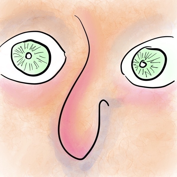 A zoomed-in drawing of a face with a curved nose and shining green eyes, looking off to the side.