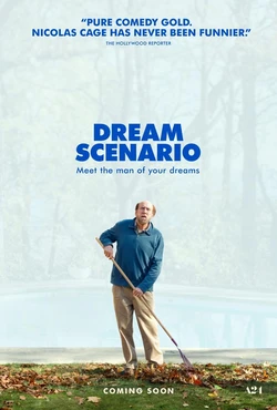 Dream Scenario poster. Nicholas Cage, a middle aged white hollywood actor. He is made up to be bald and chunky. He's wearing chinos and a polo, raking leaves, small in the frame, look fearful and confused.