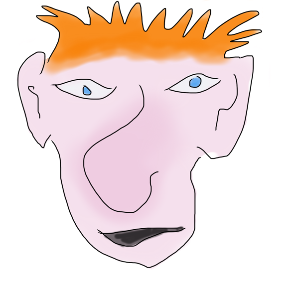 A drawing of a warped, male face with red hair.