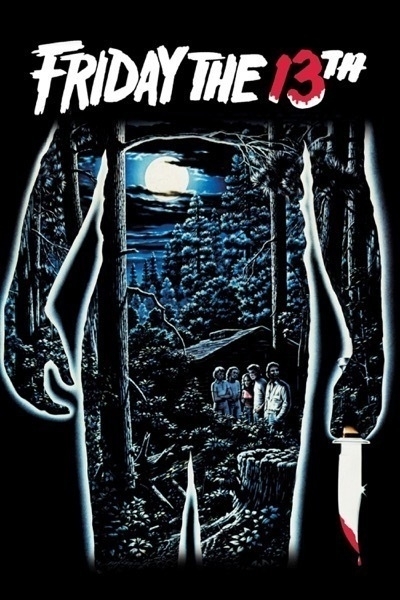 Movie poster for Friday the 13th. Hand drawn. The poster is black, with the outline of a killer holding a bloody knife, head obscured by the title. Inside the kiler's outline, we see a pine forest at night, moon shining through ominous clouds, a group of teenagers small in the frame. 