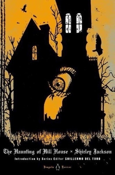 Book cover for The Haunting of Hill House. It depicts the stylized shadow of a house, with a large human eye staring terrified from within it. Crows circle.