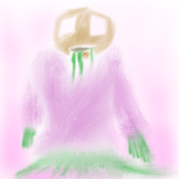 A pastel drawing without black lines of a hunched figure with green drool coming from its mouth