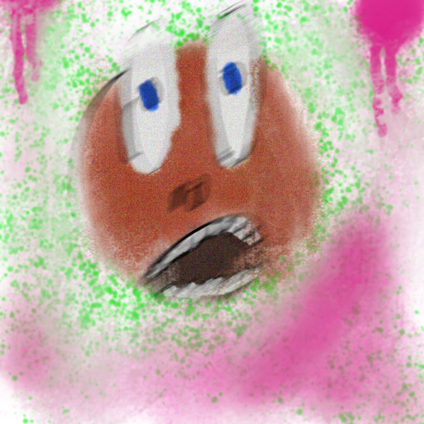 A drawing of an astonished face, eyes wide, mouth agape, lines fuzzy as if in motion, against a vibrant green and purple spray paint drip background