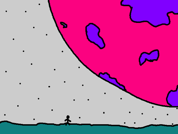 A simple line drawing of a stick figure, tiny in the frame, against a gray sky dotted with stars. A huge, neon-colored planet looms in the sky.