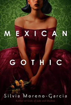 Mexican gothic book cover. A brown skinned, mexican woman in a formal red dress cluches yellow flowers, arms taught and down. The frame cuts off her eyes.