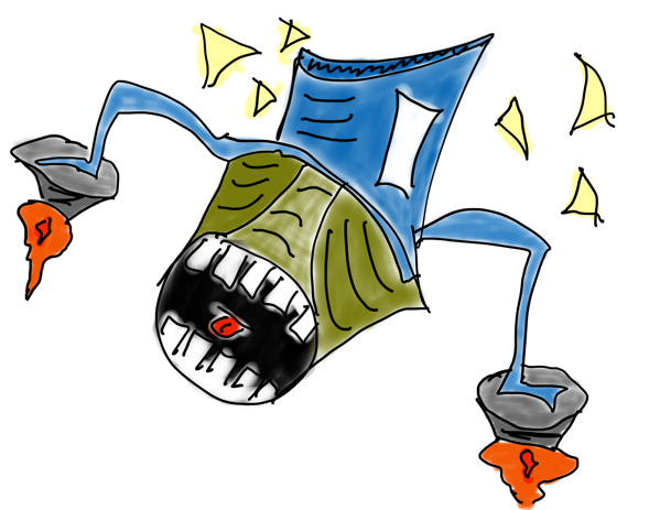 A drawing of a mutant mouth opened wide with big square teeth and a red tongue. The mouth is connected to painted metal, maybe, angular shapes, odd lines, maybe a server tower or newfangled smoke stack. Feet sprout from the sides of the mass, resting on rockets flairing fire. There are yellow triangles around the whole thing for emphasis. Or something.
