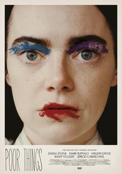 Poor Things poster. Extreme close up of Emma Stone's face, a white woman. She stares into camera, a maybe perplexed, maybe disturbed, maybe placid expression on her face. Superimpsed are in strong blue, purple, and red, are smears of lipstick color run jagged over lips and above her eyes.