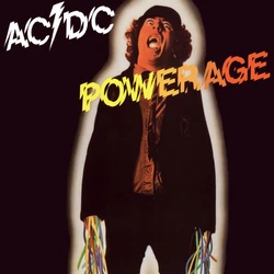 Powerage album cover. Angus Young, a shaggy haired white male rocker in a school boy uniform, stands with mouth wide, eyes rolled back, as if in pain. electrical wires trail from his sleeves instead of hands.