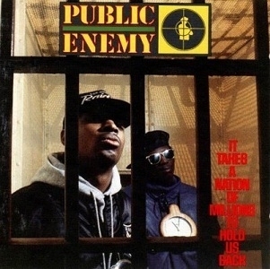 Album cover of It takes a nation of millions to hold us back. Shows Chuck D and Flav-a-flav, two black men, behind bars, looking tough and confident