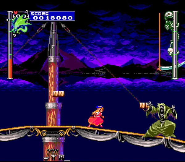 In game screenshot of Maria facing Death on top of a pirate ship. Death is almost dead.