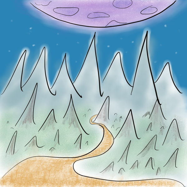 A drawing of a dreamy landscape, no people, a path winding between distant mossy mountains below a night sky, a large purple moon hanging overhead.