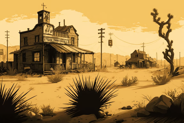 A sepia tonned illustration of a western style house along a desert, with cactus and desert grass in the forground. It is AI generated.