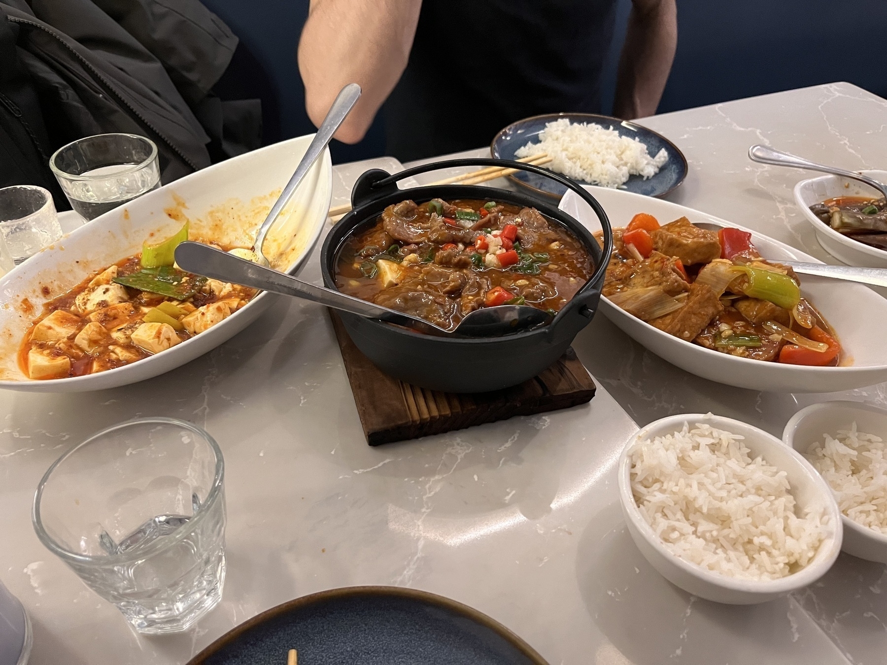 Dishes of golden tofu, beef stew , crispy tofu, and rice. 