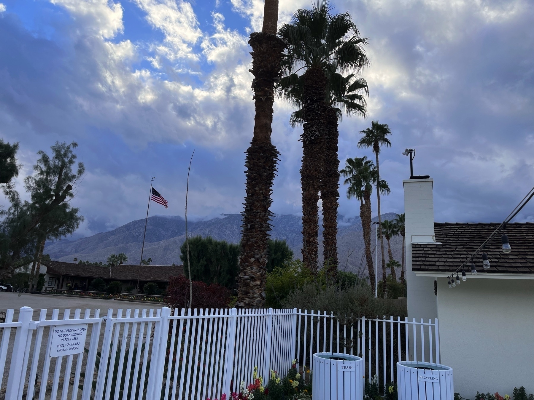 Photo of a white fence, the angle of a low white building with a peaked roof and string lights coming off it. Several massive palm trees stand behind the building. In the distance are smokey mountains. The sky is bright and cloudy.