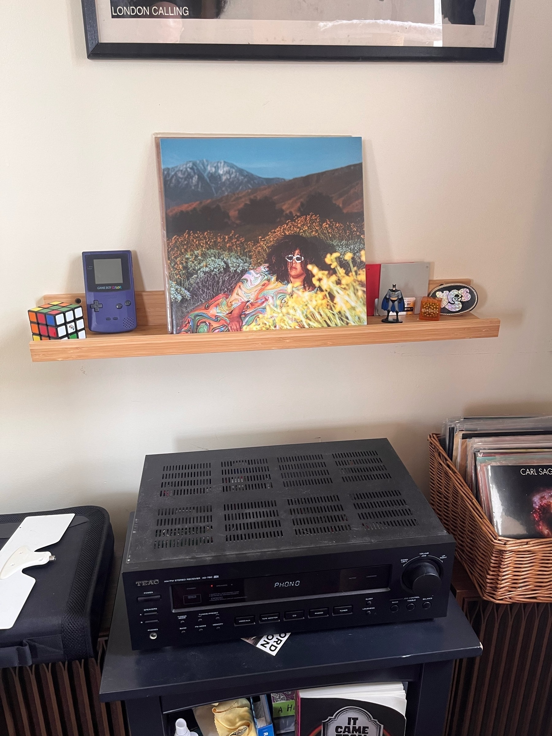 Britney Howard's What Now vinyl album cover, which depicts a lush flowery field and a cool Brittney, a full black woman wearing sunglasses and sporting a big Afro. She wears a flowing colorful dress. The cover is on a display shelf along with a Gameboy and a Batman figure above a stereo. 