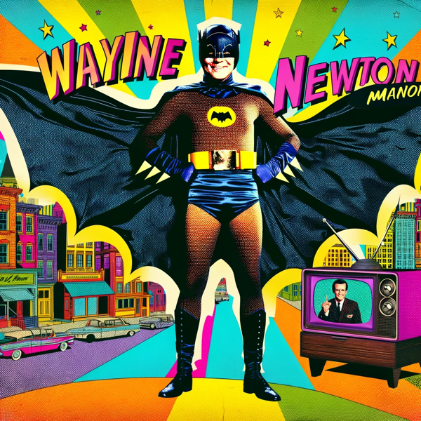 An AI generated colorful image in the style of 1960s pop art. It features singer Wayne Newton dressed as Batman, hands on hips, grinning. An old TV with possibly Wayne Newton on it sits to the side.