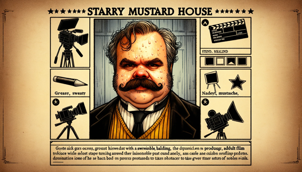 AI genrated portrait of a fictional character named 'Starry Mustard House', a middle-aged white man. He should appear gross, overweight, sweaty. The image is in the style of an old west wanted poster for some reason, and there's drawings of cameras shit around him.