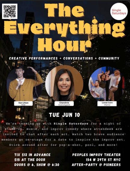 Auto-generated description: A promotional poster for The Everything Hour event features performers Ken Litton, Chandlite, and Loose Corn, highlighting creative performances, conversations, and community.