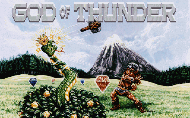 Auto-generated description: Thor, the Norse God of Thunder, is battling a large, crowned serpent, Jörmungandr, in a grassy field with a mountain in the background and the title God of Thunder displayed above.