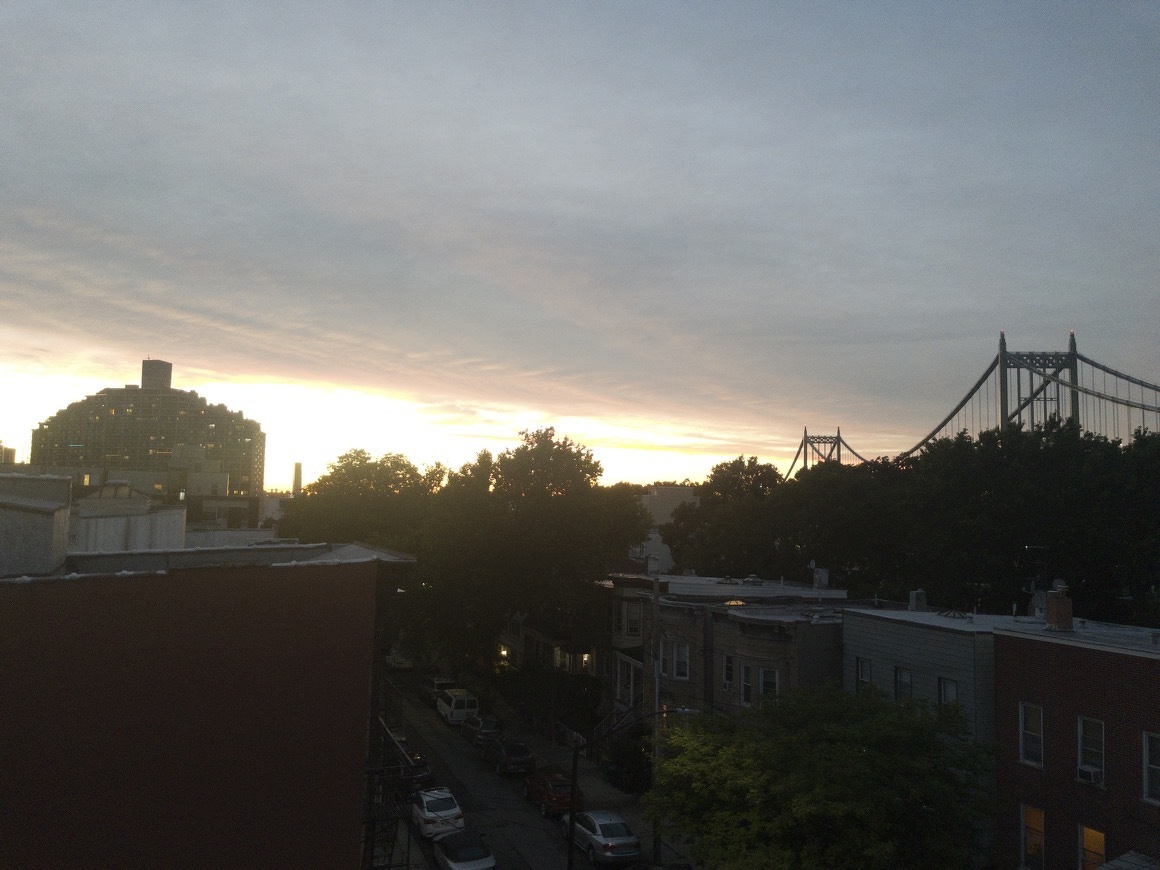 Auto-generated description: A cityscape at dusk with silhouetted trees, buildings, and a bridge against a cloudy sky.